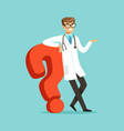 Smiling male doctor character standing and leaning vector image