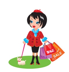 Funny Girl with dog go shopping in sale time vector image
