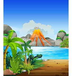 Volcano eruption behind the lake vector image