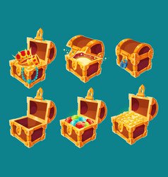 Collection of wooden chests with treasures of gold Collection of wooden chests with treasures of gold vector image