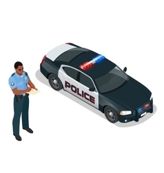 Isometric officer and police car with siren light vector image