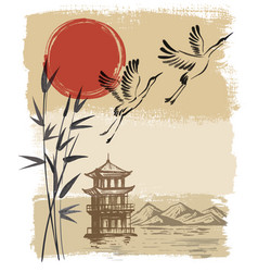 Landscape with sun and storks Landscape with sun and storks vector image