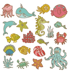 Marine life doodles vector image