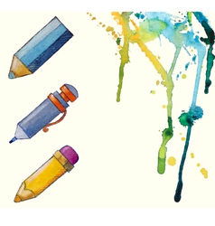 Watercolor painted pencil icons splashes of paint vector image