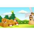 Four chickens at the hay with a windmill vector image
