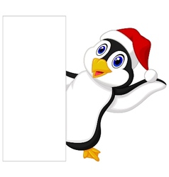 Cute penguin cartoon with red hat waving vector image