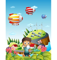 Airships a village and a boy in the garden vector image