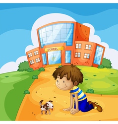 A little boy and his pet near the school vector image