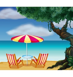 The stripe beach umbrella and the two chairs vector image