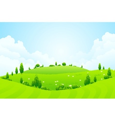 Green Background with Grass Trees Flowers and Hill vector image