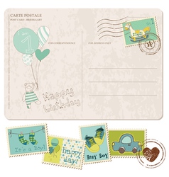Baby boy arrival postcard with set of stamps vector image