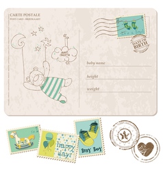 Baby boy arrival postcard with set of stamps vector image