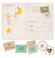 Baby boy arrival postcard with set of stamps vector image