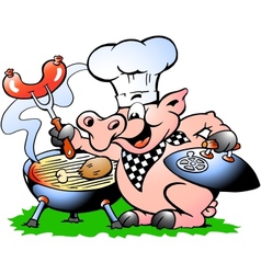 Hand-drawn of an Chef Pig standing and making BBQ vector image