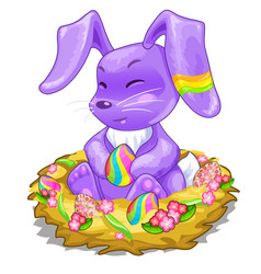 Purple bunny sitting in basket with easter eggs vector image