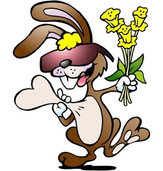 Hand-drawn of an happy rabbit with a bouquet of vector image
