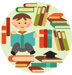 Boy reading on pile of books vector image