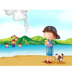 Kids swimming and a boy and his pet at the vector image