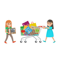 Two little girls out on shopping at supermarket vector image