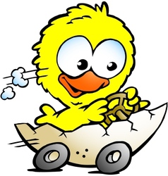 Hand-drawn of an cute baby chicken driving in a vector image