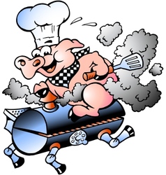 Hand-drawn of an Chef Pig riding an BBQ barrel vector image