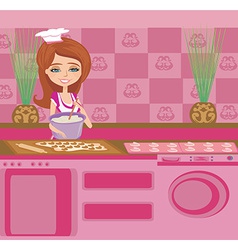 Beautiful Housewife preparing the dough into vector image