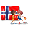 Basketball players in front of the flag of Norway vector image