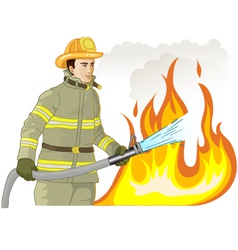 Firefighter with a fire hose against a fire vector image