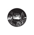 Belfry tower on hill trees circle woodcut Belfry tower on hill trees circle woodcut vector image