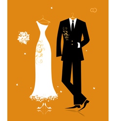 Wedding groom suit and brides dress vector image