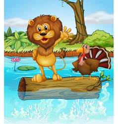 A lion and a turkey above a floating wood vector image