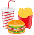 Cheeseburger fries potato and paper cup with soda vector image