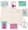 Retro postcard with set of fashion stamps vector image
