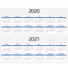 calendar 2020 and 2021 template 12 months vector image