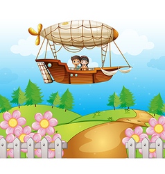 An airship passing the hills with kids An airship passing the hills with kids vector image