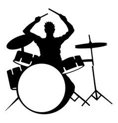 Silhouette of drummer playing drums on white vector image
