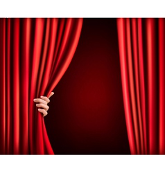 Background with red velvet curtain and hand vector image