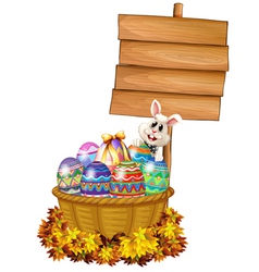 A bunny and a basket with eggs near a signage vector image