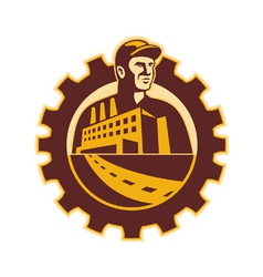 Factory Worker Mechanic With Cog Building vector image