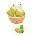Steamed Sticky Rice with Banana in A Brown Basket Steamed Sticky Rice with Banana in A Brown Basket vector image