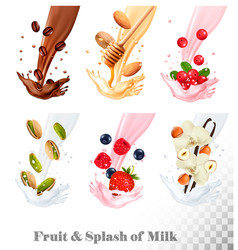 Big collection icons of fruit in a milk splash Big collection icons of fruit in a milk splash vector image