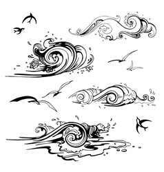 Sea waves set Hand drawn vector image
