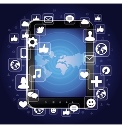 Tablet pc with bright social media icons vector image