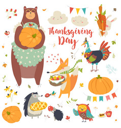 Thanksgiving set with cute forest animals Thanksgiving set with cute forest animals vector image