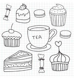 Set of hand drawn cakes sweets tea cup Set of hand drawn cakes sweets tea cup vector image