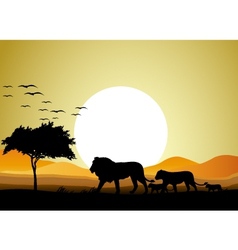 Beautiful Lion family silhouettes with giant moon Beautiful Lion family silhouettes with giant moon vector image