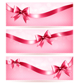Three pink holiday banners with gift glossy bow vector image