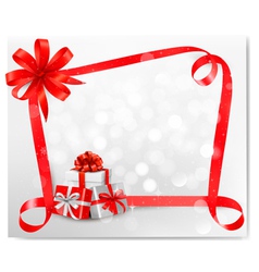 Christmas card with red gift bows and gift boxes vector image