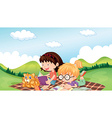 Girls reading with an animal vector image