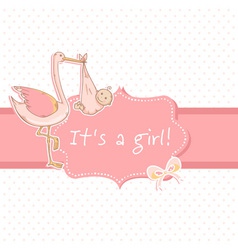Cute baby girl announcement card with stork vector image